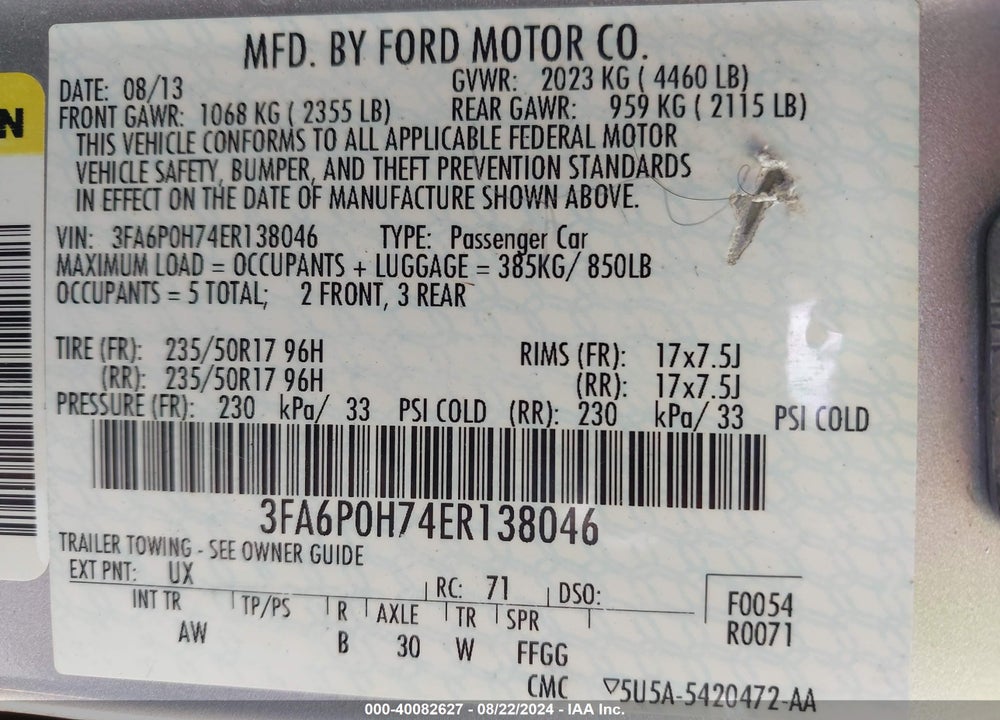 2014 FORD FUSION SE VIN: 3FA6P0H74ER138046