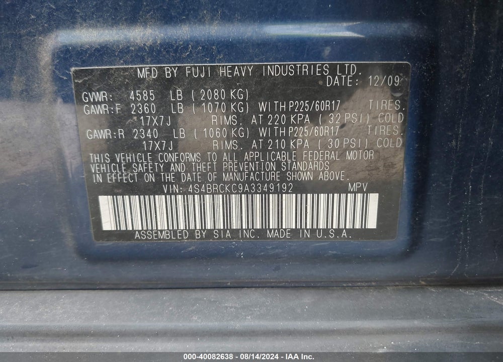 2010 SUBARU OUTBACK 2.5I LIMITED VIN: 4S4BRCKC9A3349192
