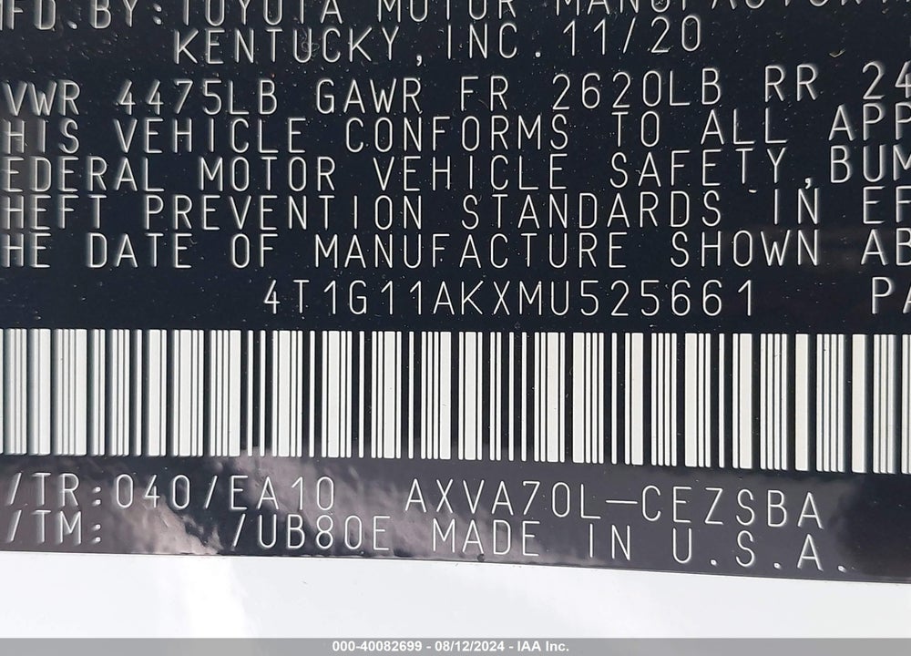 2021 TOYOTA CAMRY SE VIN: 4T1G11AKXMU525661