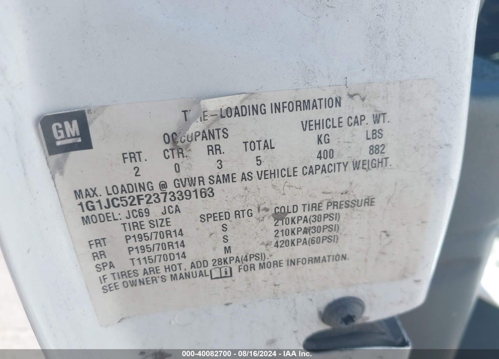 2003 CHEVROLET CAVALIER VIN: 1G1JC52F237339163