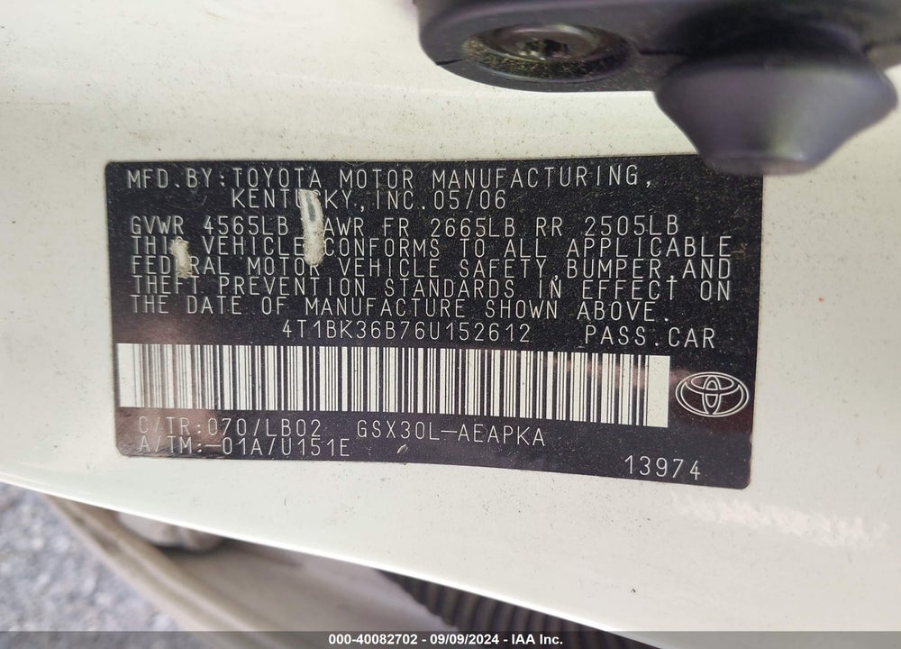 2006 TOYOTA AVALON LIMITED VIN: 4T1BK36B76U152612