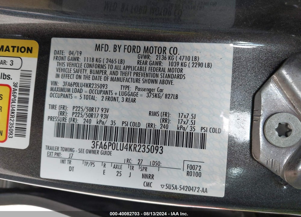 2019 FORD FUSION HYBRID SE VIN: 3FA6P0LU4KR235093