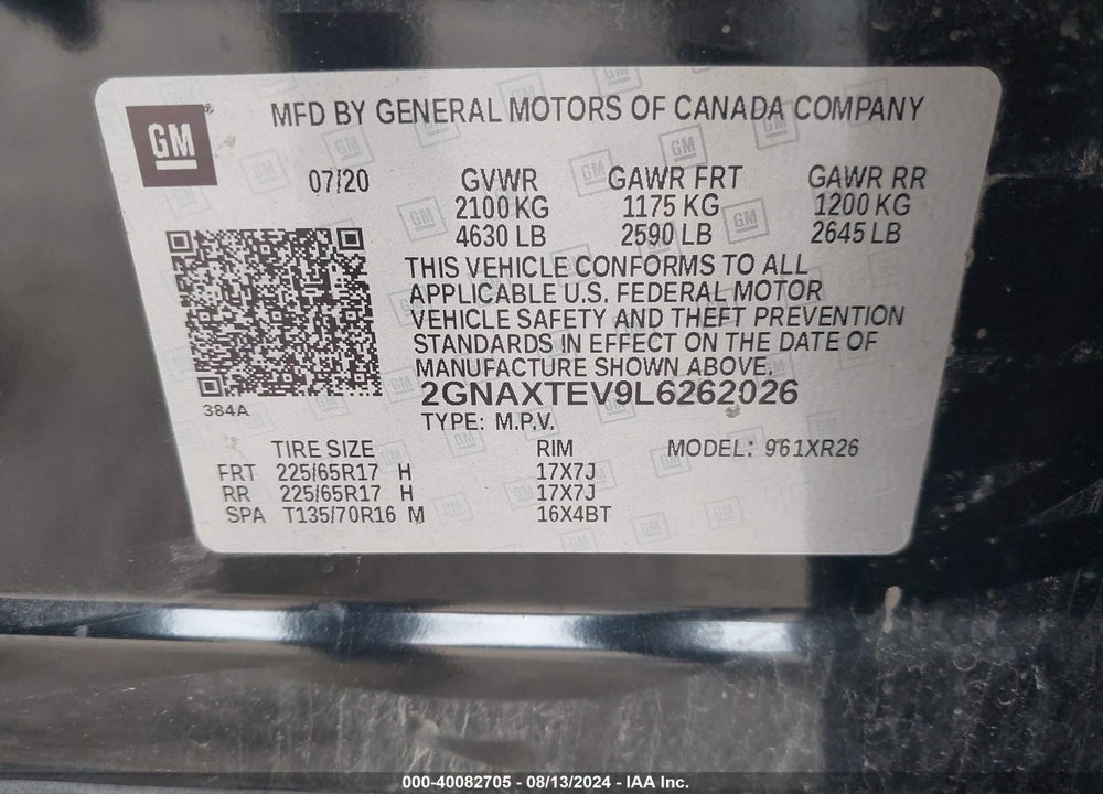 2020 CHEVROLET EQUINOX AWD 2FL VIN: 2GNAXTEV9L6262026
