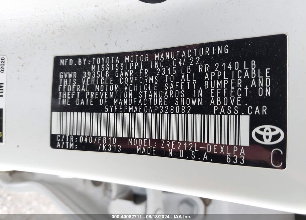 2022 TOYOTA COROLLA LE VIN: 5YFEPMAE0NP328082
