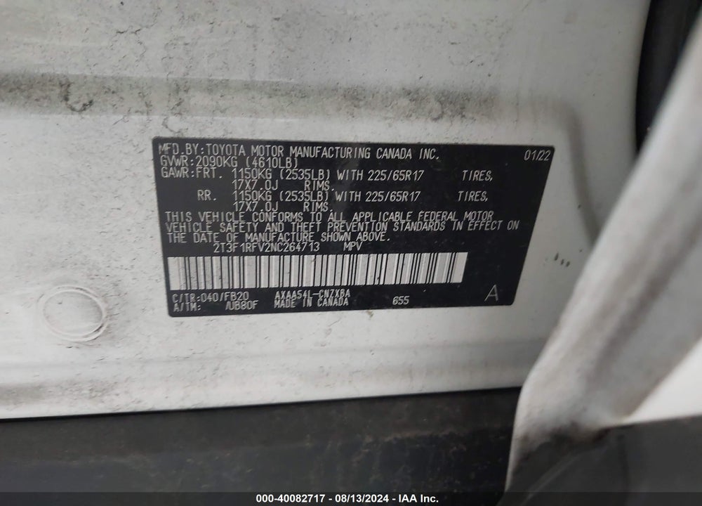 2022 TOYOTA RAV4 LE VIN: 2T3F1RFV2NC264713