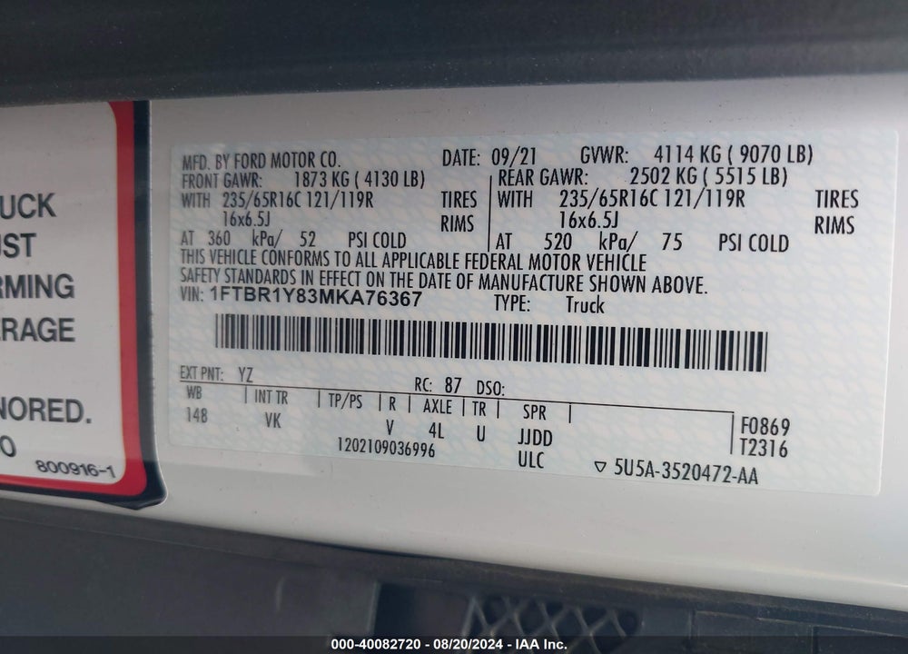 2021 FORD TRANSIT-250 VIN: 1FTBR1Y83MKA76367