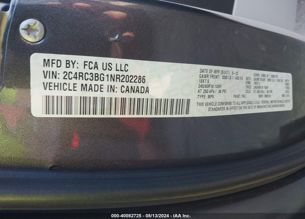 2022 CHRYSLER PACIFICA TOURING L AWD VIN: 2C4RC3BG1NR202286