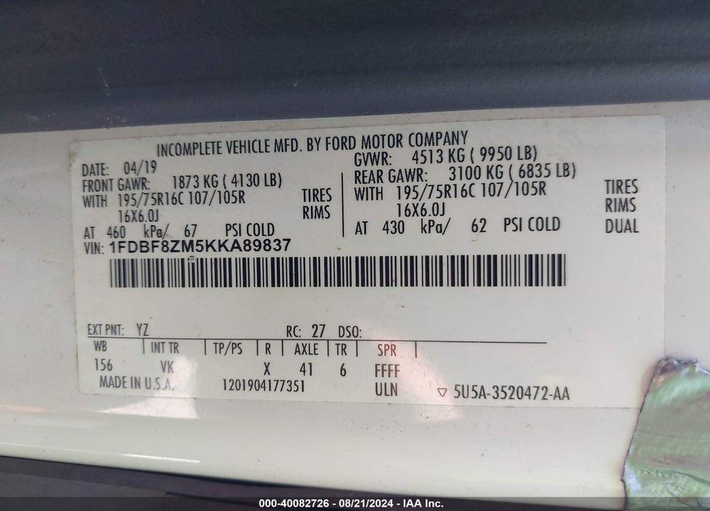 2019 FORD TRANSIT-350 CAB VIN: 1FDBF8ZM5KKA89837