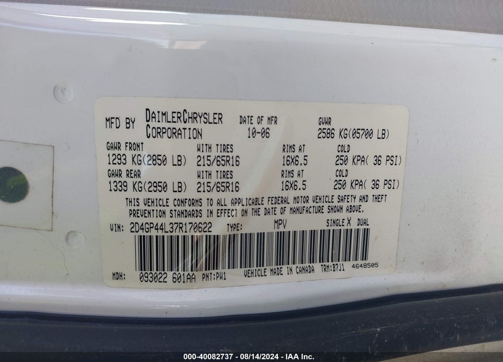 2007 DODGE GRAND CARAVAN SXT VIN: 2D4GP44L37R170622