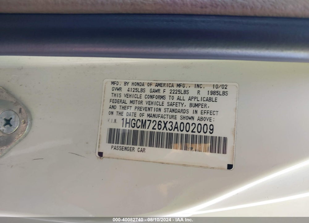 2003 HONDA ACCORD 2.4 EX VIN: 1HGCM726X3A002009