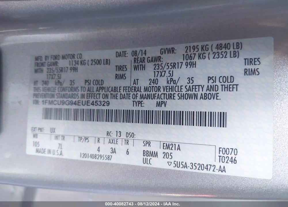 2014 FORD ESCAPE SE VIN: 1FMCU9G94EUE45329