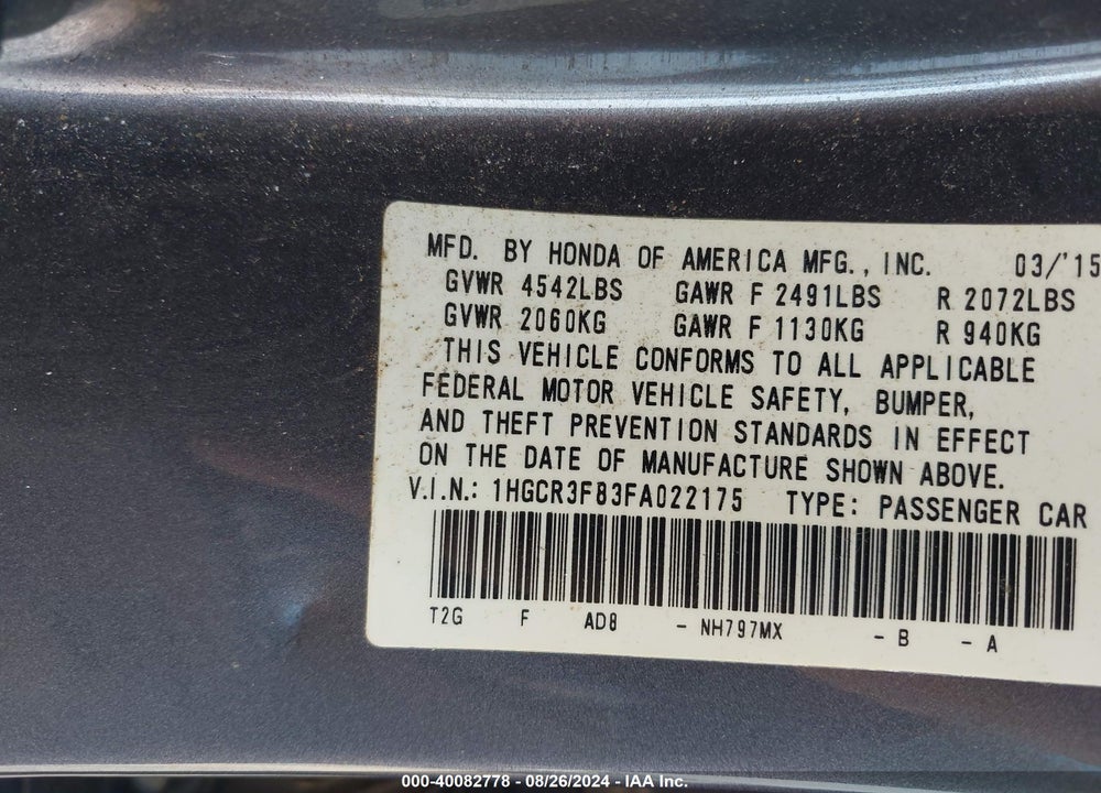 2015 HONDA ACCORD EX-L V-6 VIN: 1HGCR3F83FA022175