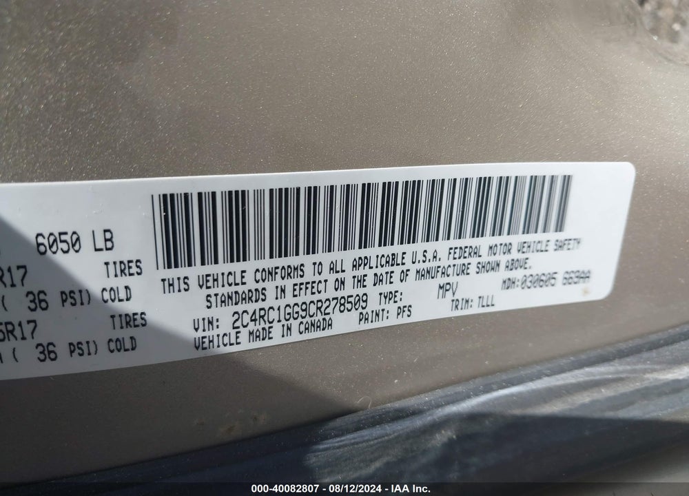 2012 CHRYSLER TOWN & COUNTRY LIMITED VIN: 2C4RC1GG9CR278509