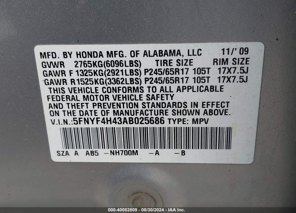 2010 HONDA PILOT EX VIN: 5FNYF4H43AB025686