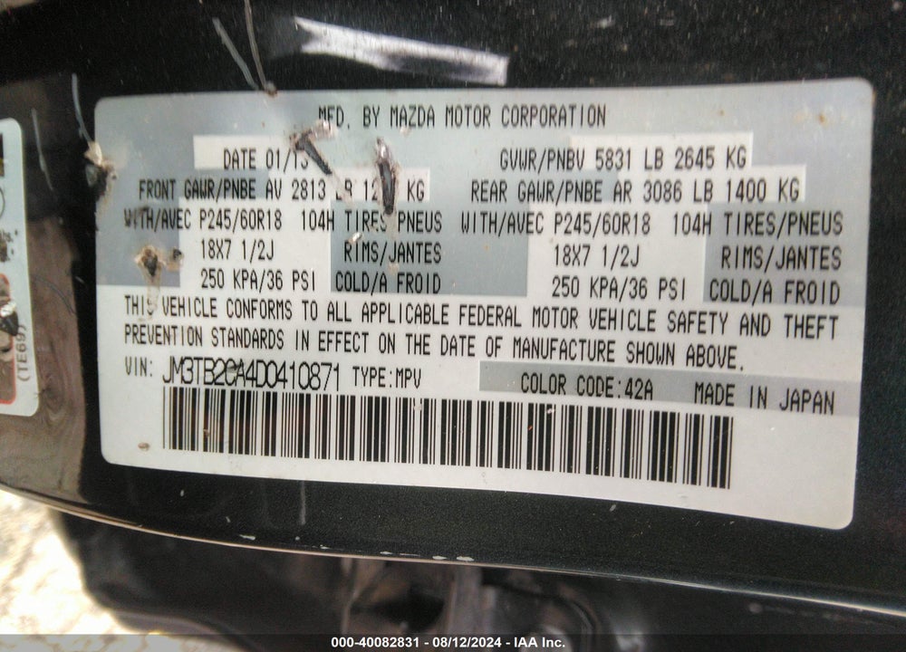 2013 MAZDA CX-9 TOURING VIN: JM3TB2CA4D0410871