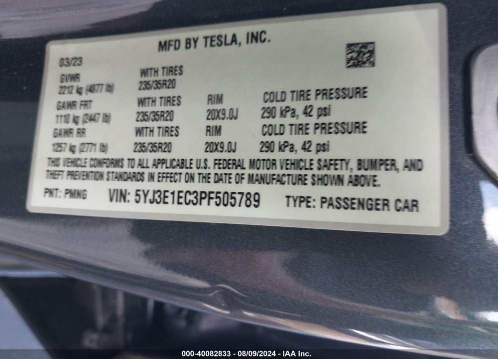 2023 TESLA MODEL 3 PERFORMANCE DUAL MOTOR ALL-WHEEL DRIVE VIN: 5YJ3E1EC3PF505789