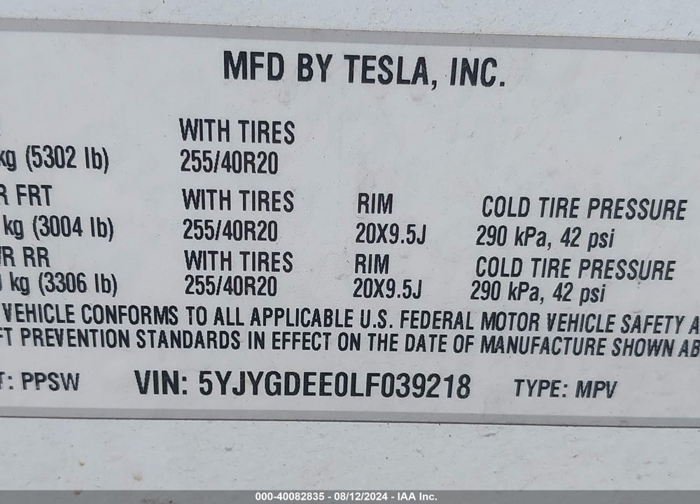 2020 TESLA MODEL Y LONG RANGE DUAL MOTOR ALL-WHEEL DRIVE VIN: 5YJYGDEE0LF039218