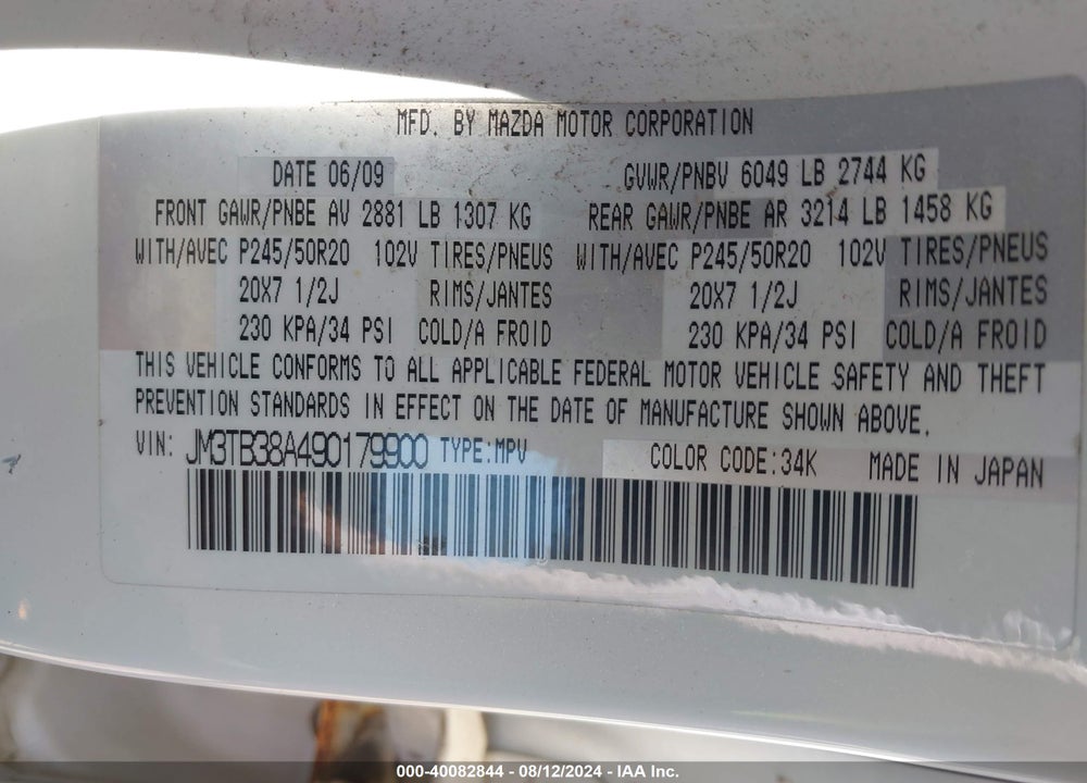 2009 MAZDA CX-9 GRAND TOURING VIN: JM3TB38A490179900