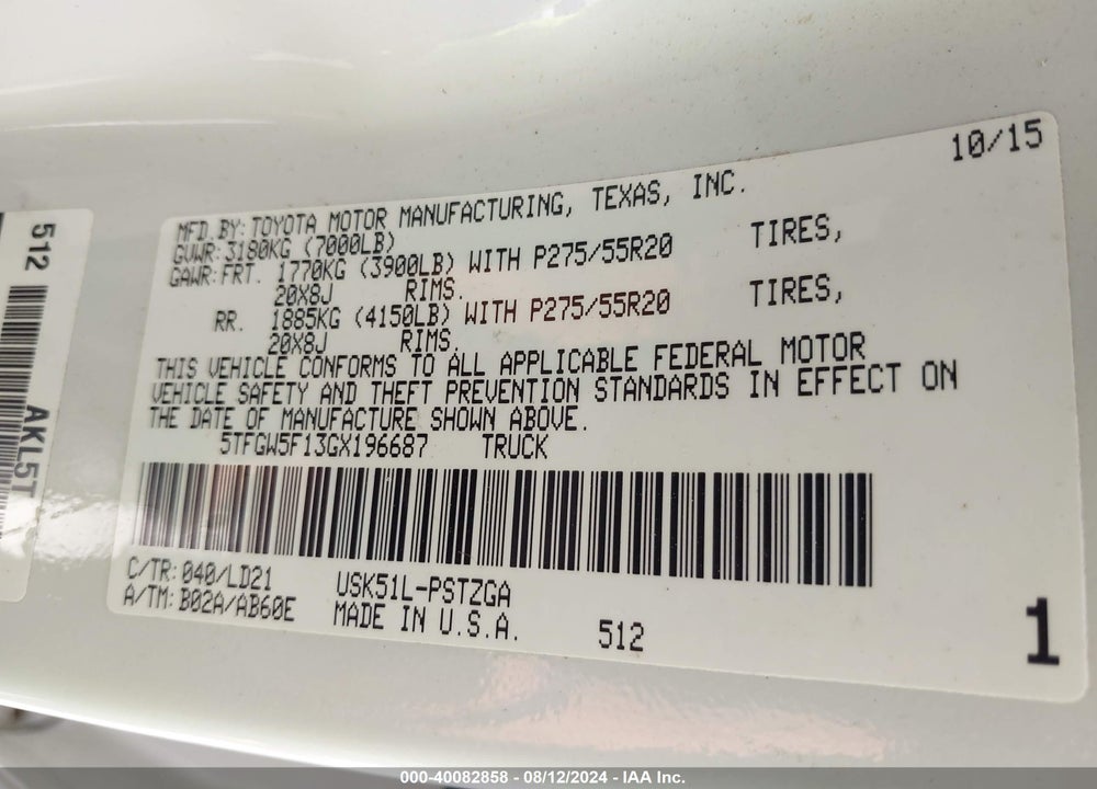 2016 TOYOTA TUNDRA 1794 5.7L V8 VIN: 5TFGW5F13GX196687