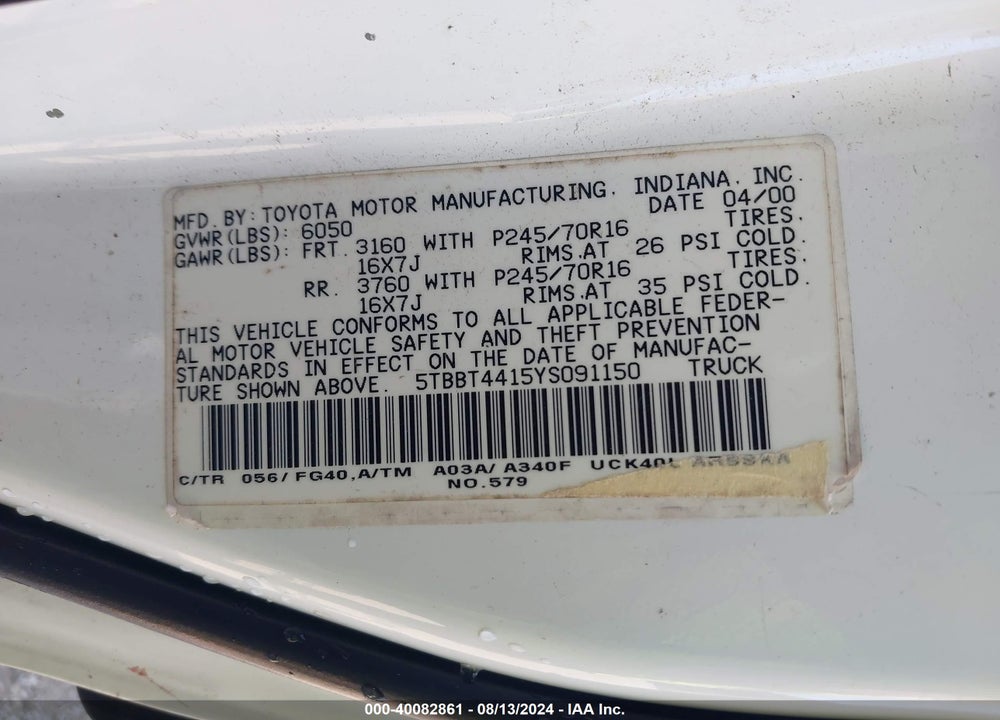 2000 TOYOTA TUNDRA SR5 V8 VIN: 5TBBT4415YS091150