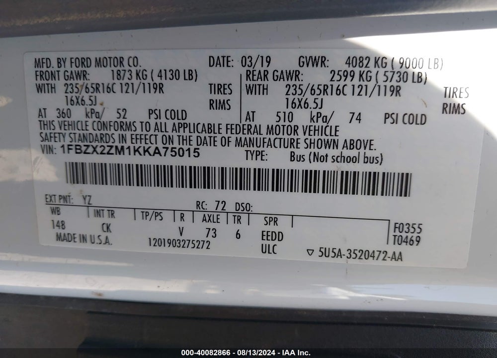 2019 FORD TRANSIT-350 XLT VIN: 1FBZX2ZM1KKA75015