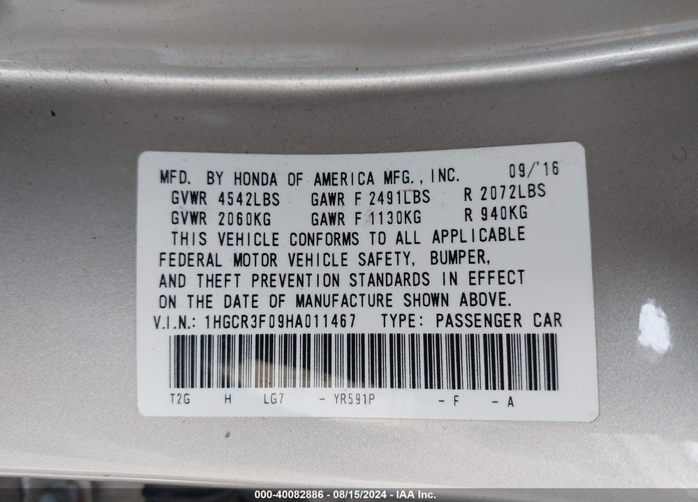 2017 HONDA ACCORD EX-L V6 VIN: 1HGCR3F09HA011467