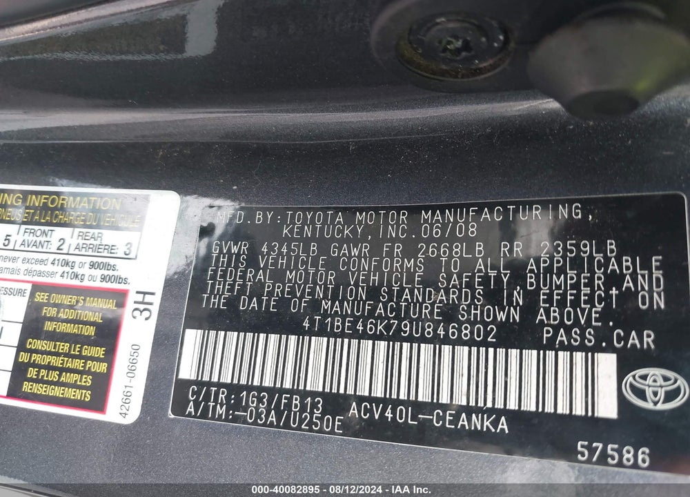 2009 TOYOTA CAMRY LE VIN: 4T1BE46K79U846802