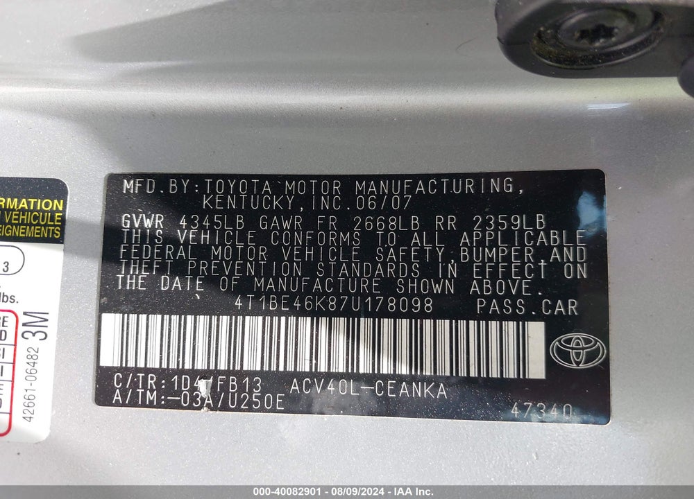 2007 TOYOTA CAMRY LE VIN: 4T1BE46K87U178098