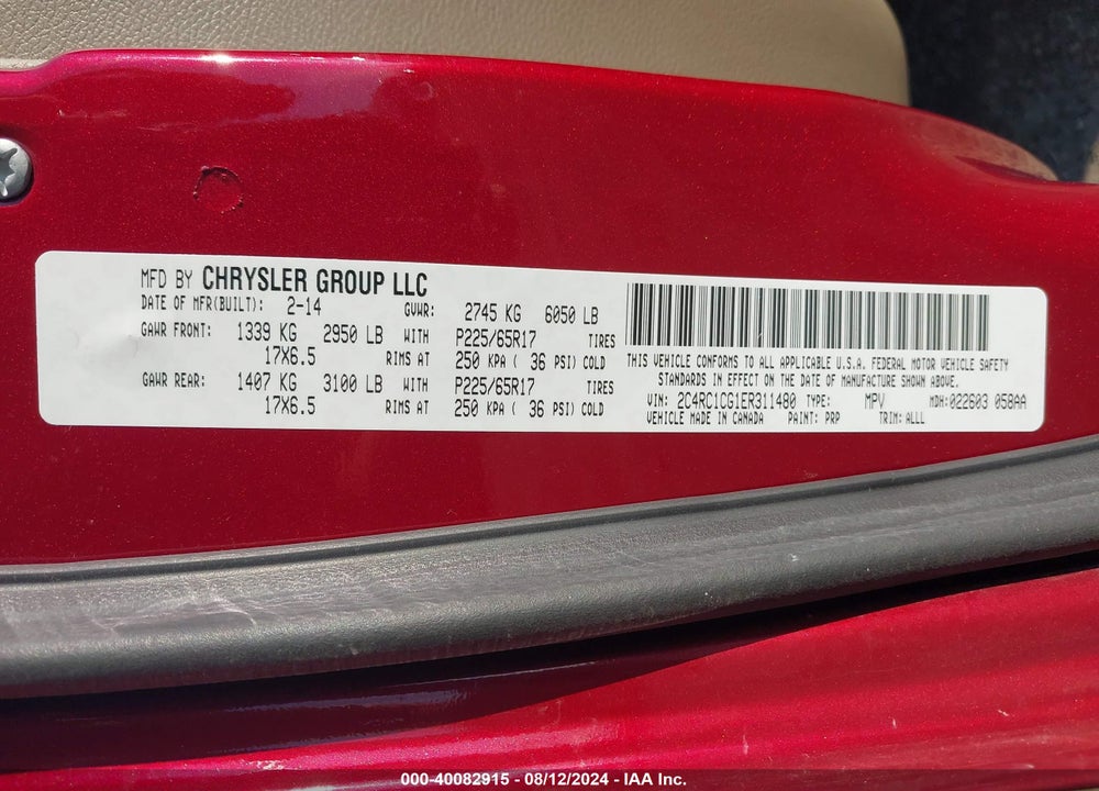 2014 CHRYSLER TOWN & COUNTRY TOURING-L VIN: 2C4RC1CG1ER311480