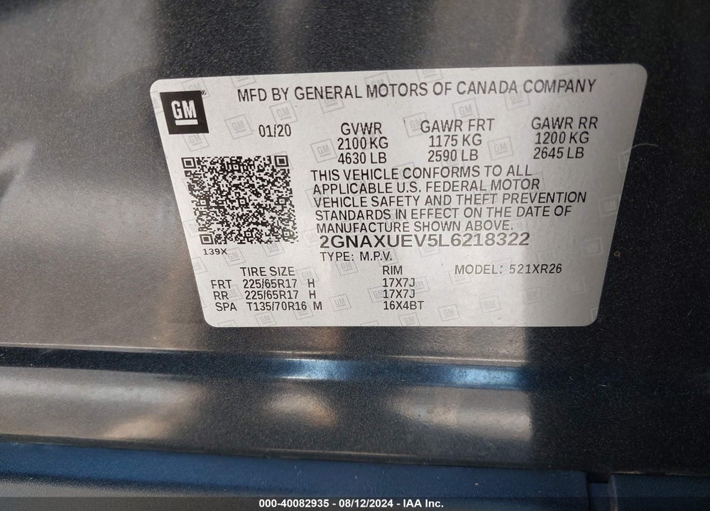 2020 CHEVROLET EQUINOX AWD LT 1.5L TURBO VIN: 2GNAXUEV5L6218322