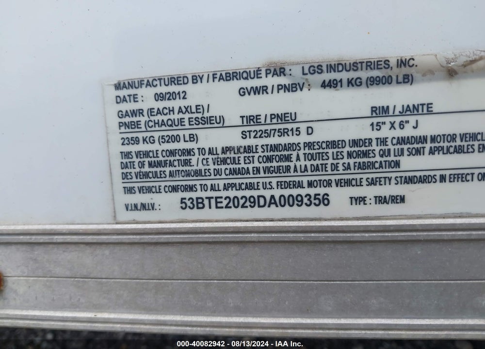 2012 LOOK TRAILERS TRAILER VIN: 53BTE2029DA009356