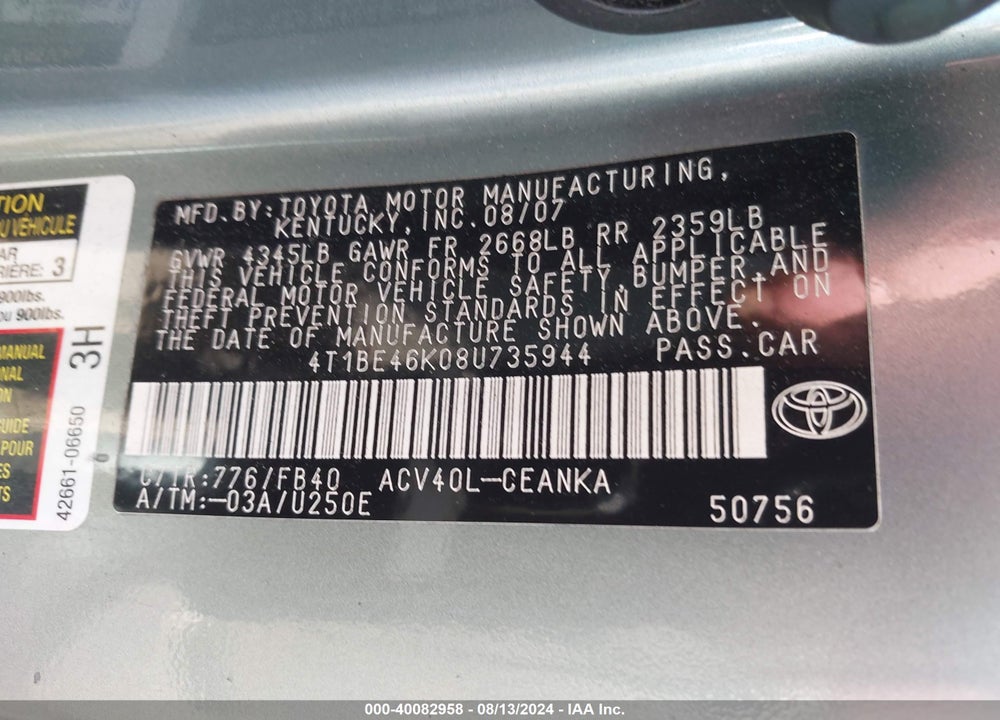 2008 TOYOTA CAMRY LE VIN: 4T1BE46K08U735944
