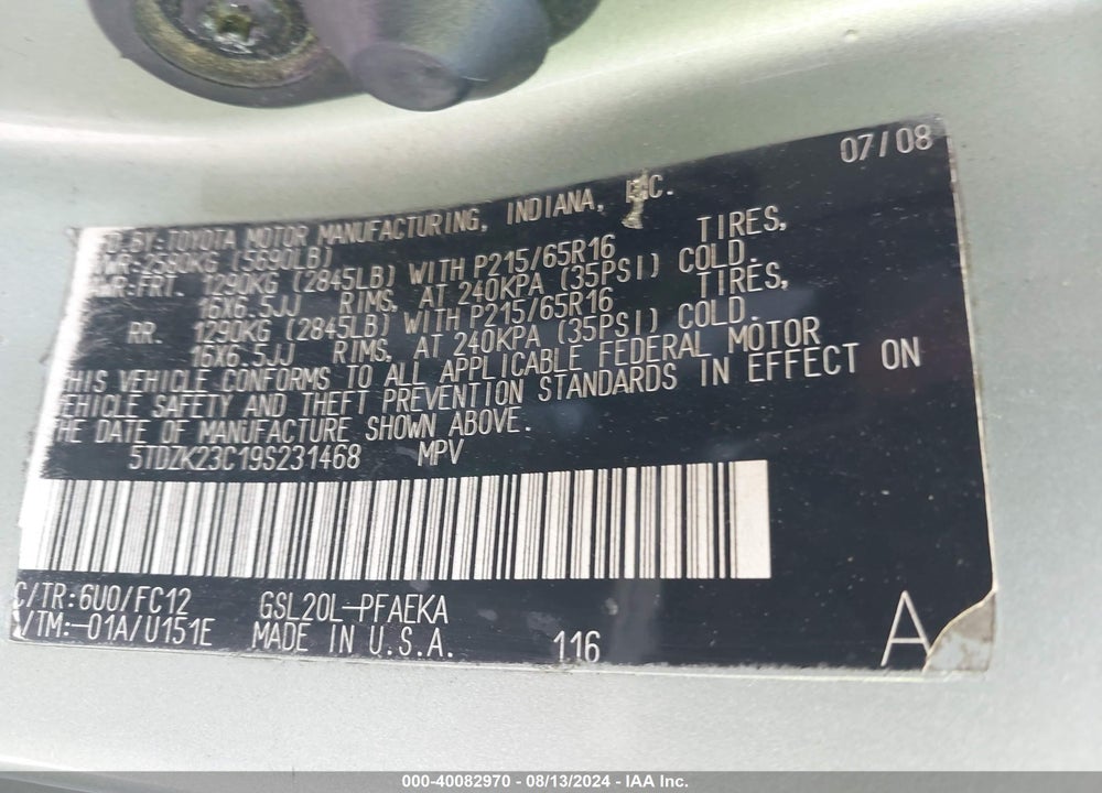 2009 TOYOTA SIENNA VIN: 5TDZK23C19S231468