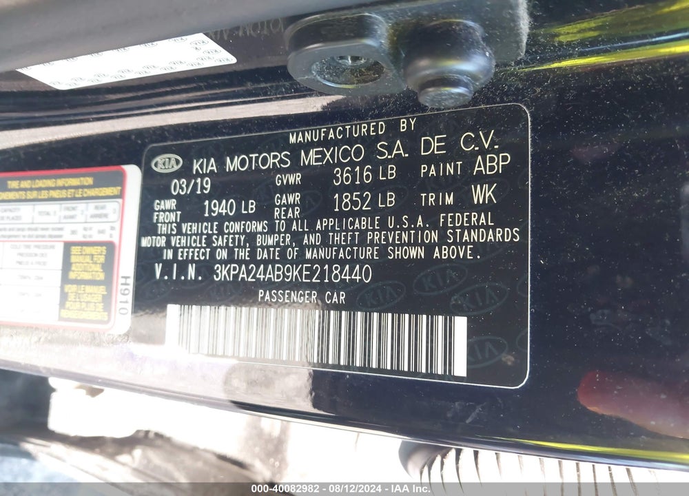 2019 KIA RIO S VIN: 3KPA24AB9KE218440