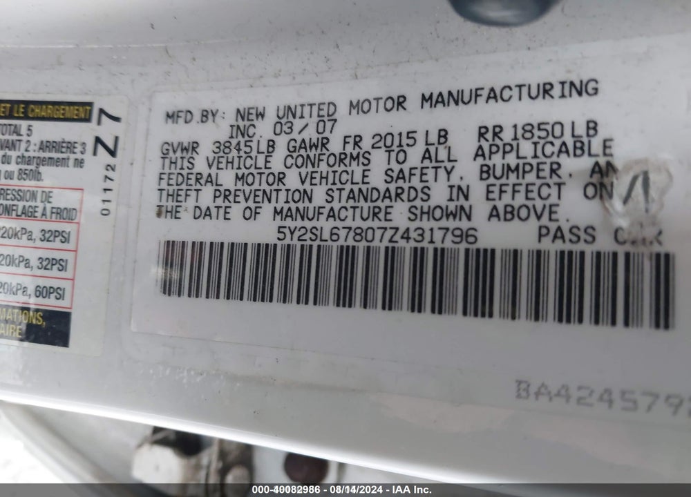 2007 PONTIAC VIBE VIN: 5Y2SL67807Z431796