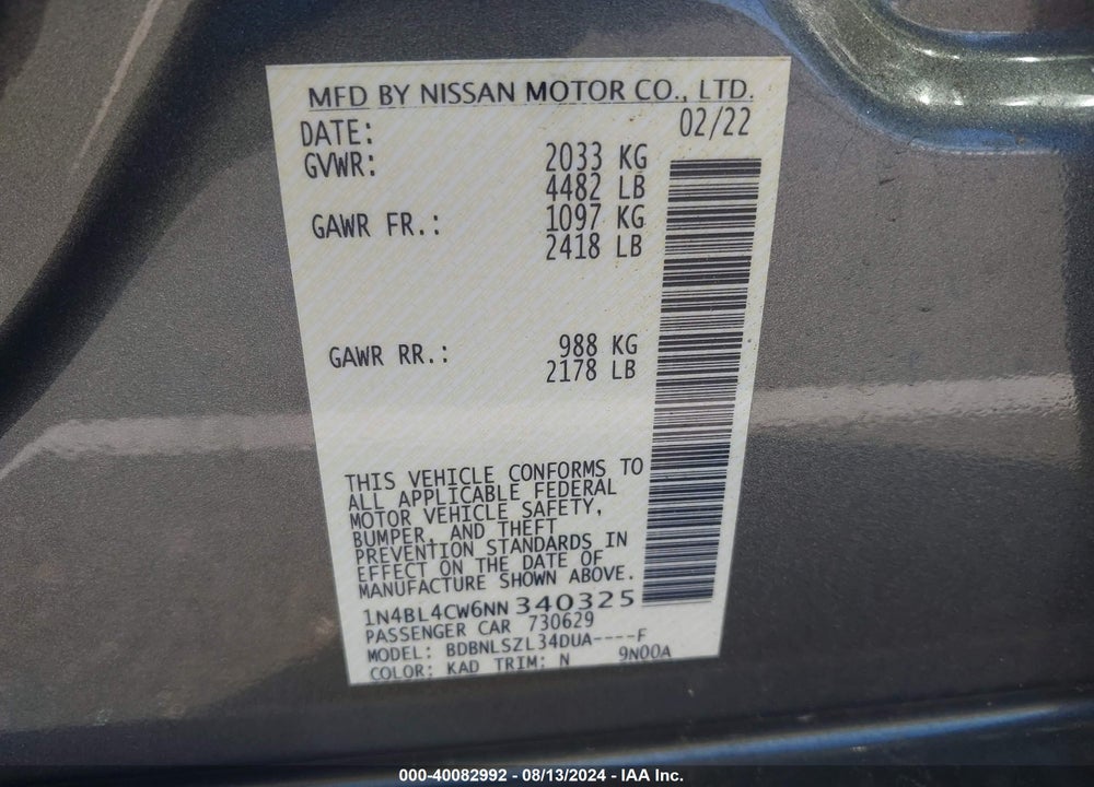 2022 NISSAN ALTIMA SR INTELLIGENT AWD VIN: 1N4BL4CW6NN340325