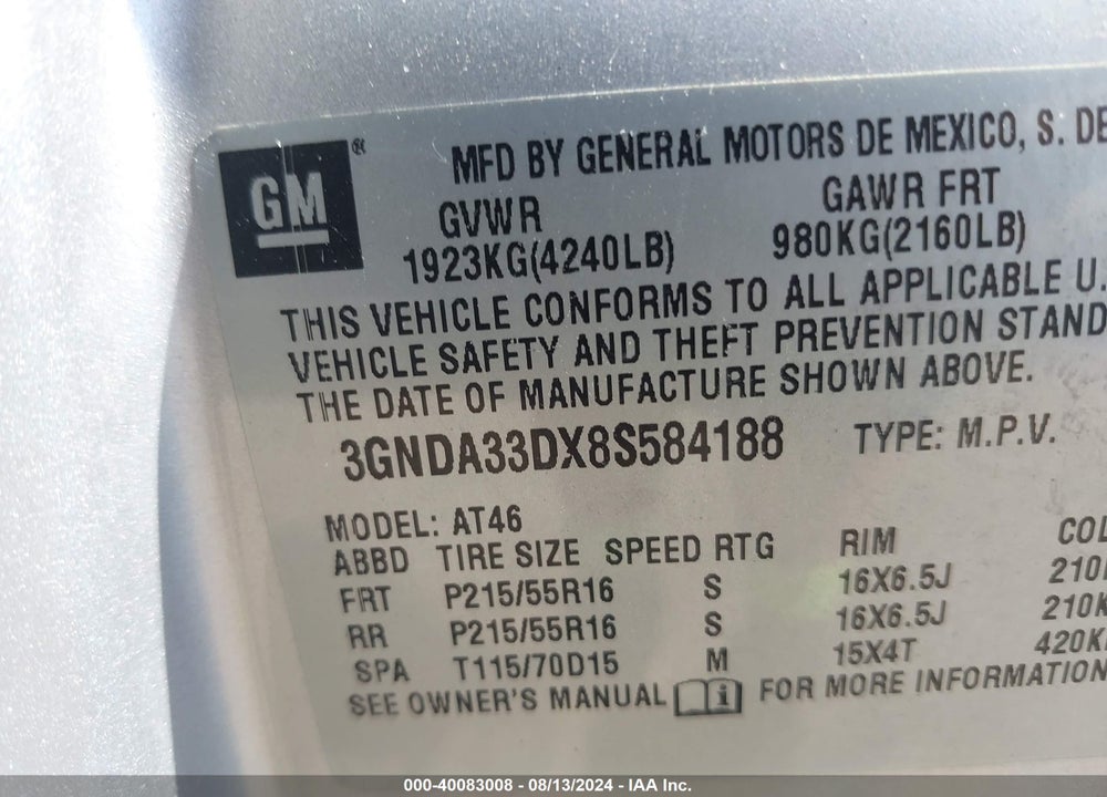 2008 CHEVROLET HHR LS VIN: 3GNDA33DX8S584188