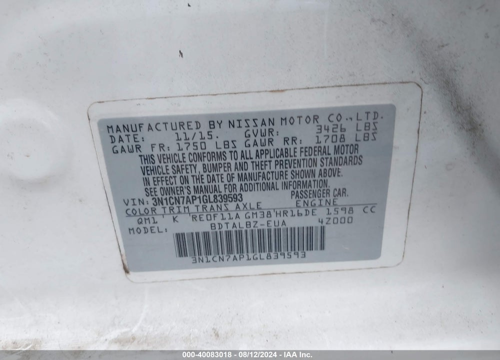 2016 NISSAN VERSA 1.6 SV VIN: 3N1CN7AP1GL839593