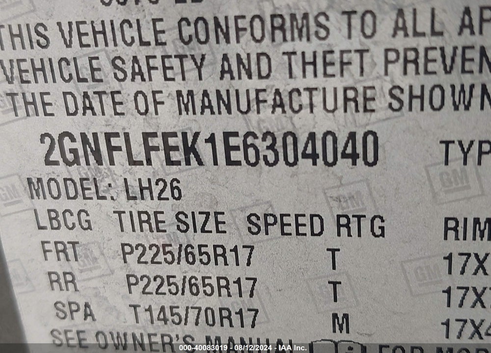2014 CHEVROLET EQUINOX 1LT VIN: 2GNFLFEK1E6304040