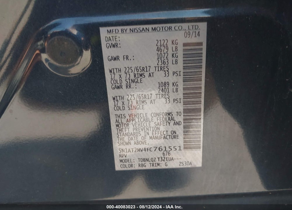2015 NISSAN ROGUE SV VIN: 5N1AT2MV4FC761551