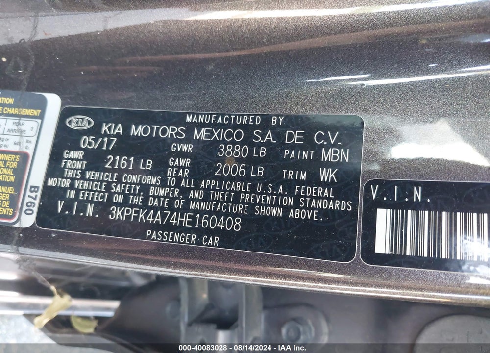 2017 KIA FORTE LX VIN: 3KPFK4A74HE160408