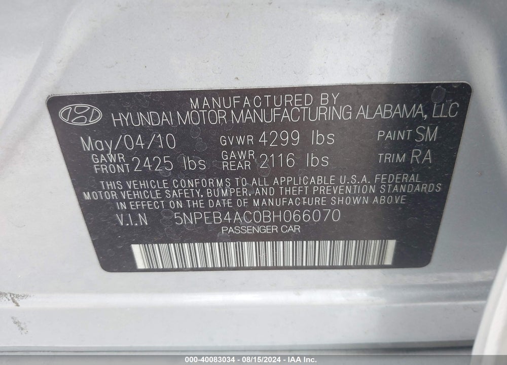 2011 HYUNDAI SONATA VIN: 5NPEB4AC0BH066070