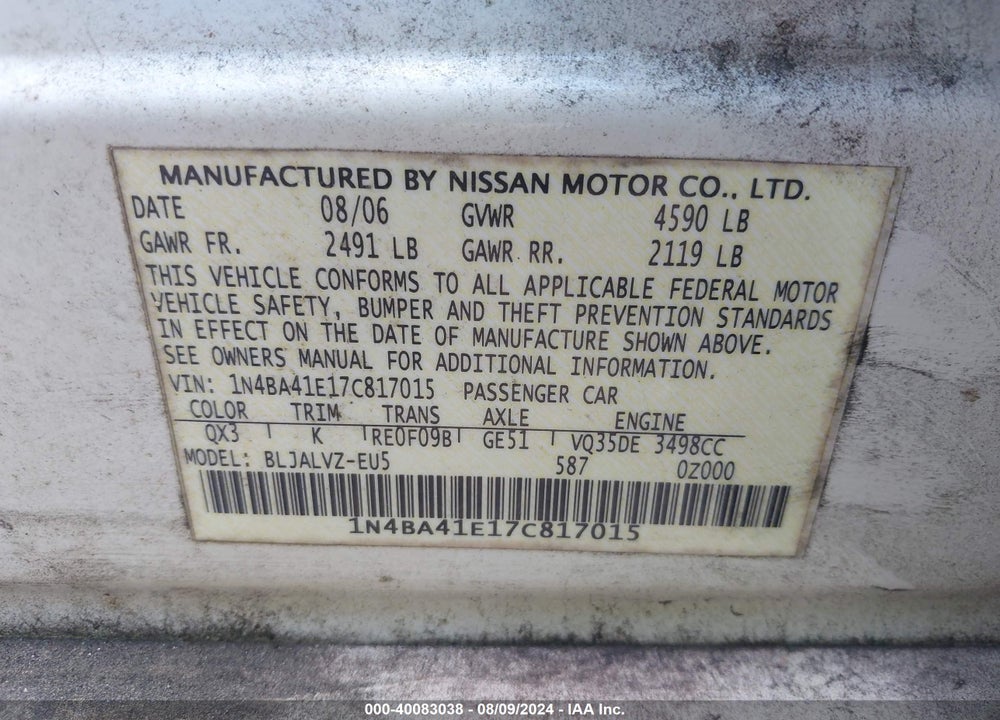 2007 NISSAN MAXIMA 3.5 SE VIN: 1N4BA41E17C817015