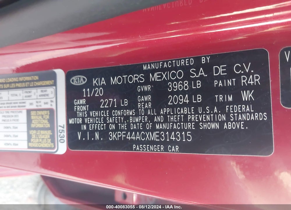 2021 KIA FORTE VIN: 3KPF44ACXME314315