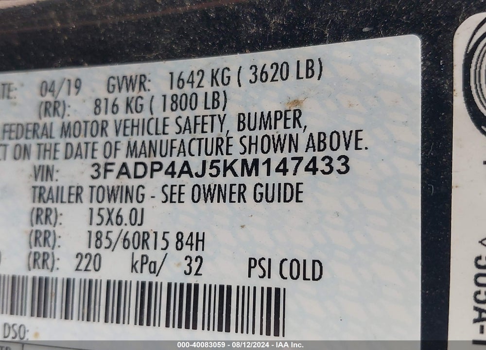 2019 FORD FIESTA S VIN: 3FADP4AJ5KM147433