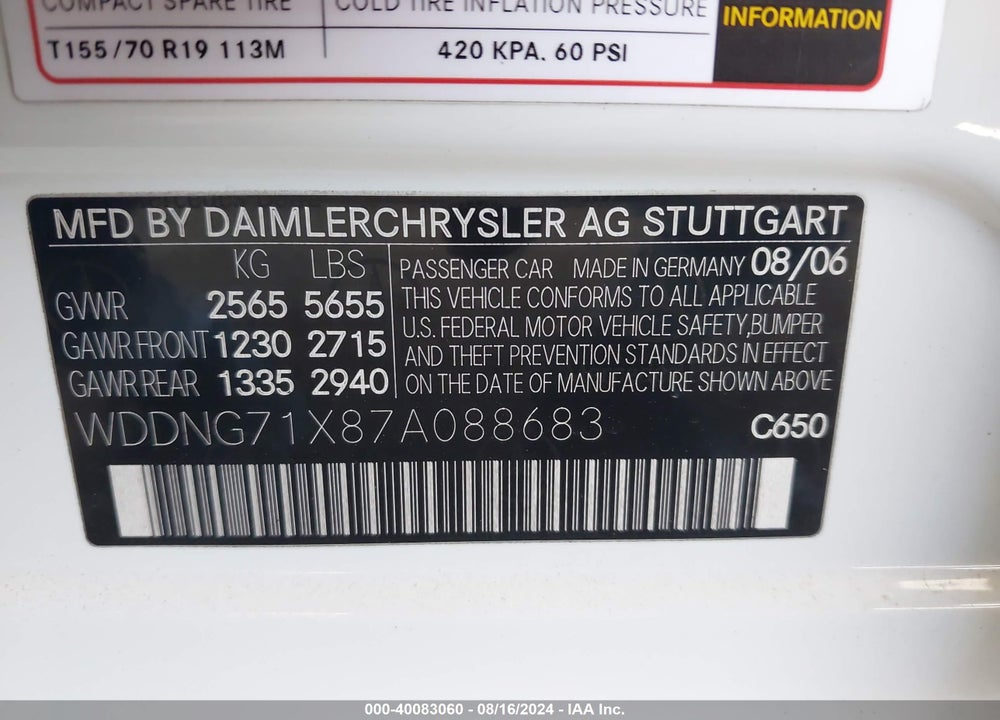 2007 MERCEDES-BENZ S 550 VIN: WDDNG71X87A088683