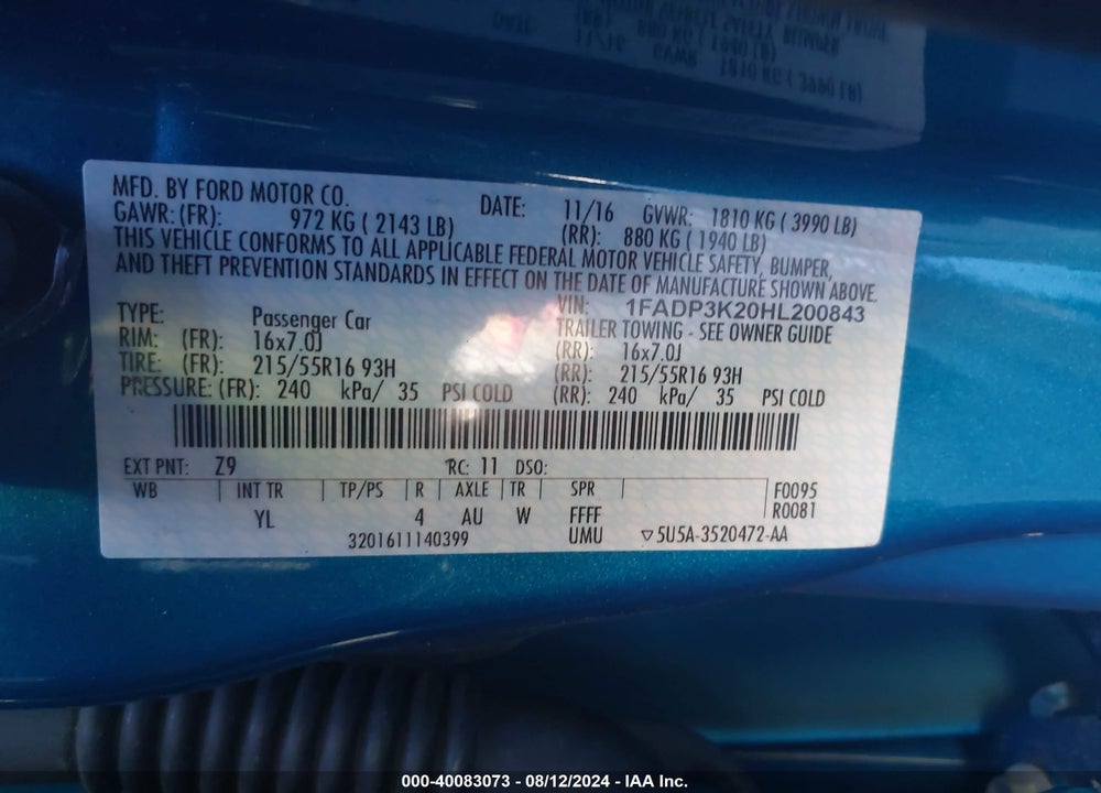2017 FORD FOCUS SE VIN: 1FADP3K20HL200843