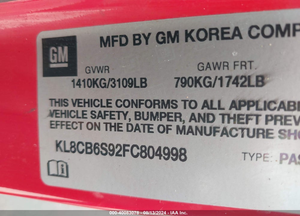 2015 CHEVROLET SPARK LS CVT VIN: KL8CB6S92FC804998