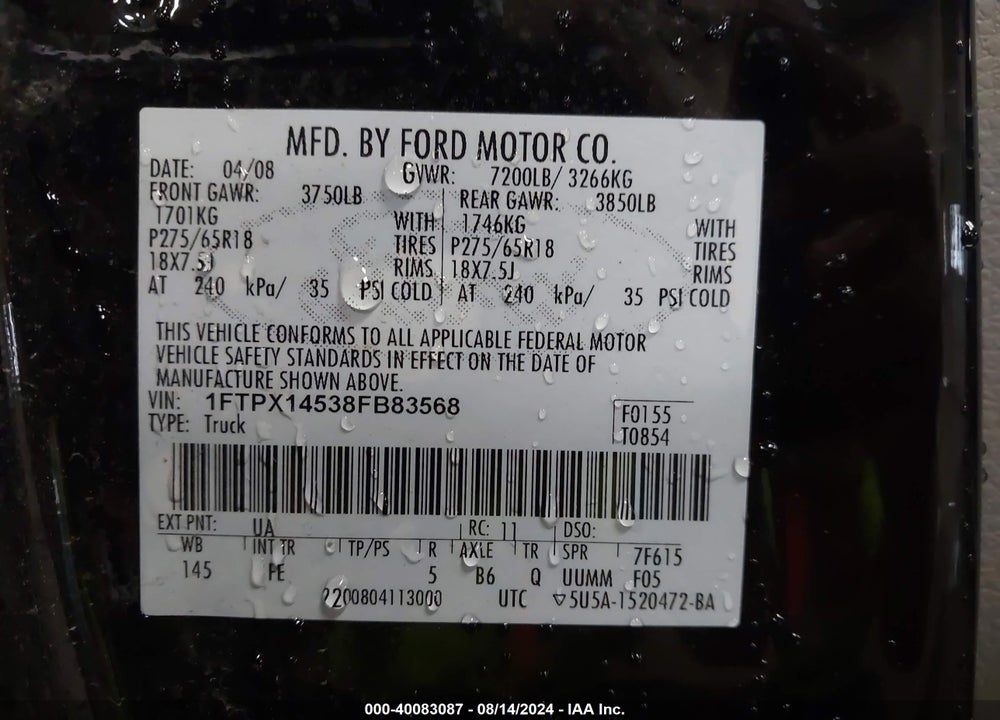 2008 FORD F-150 FX4/LARIAT/XL/XLT VIN: 1FTPX14538FB83568