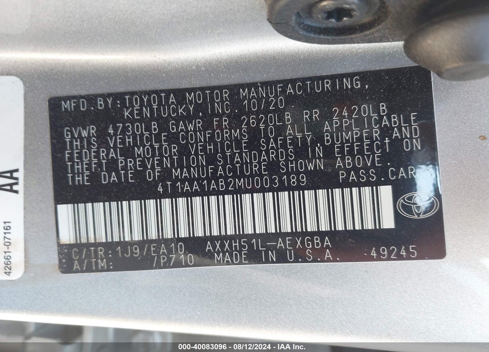 2021 TOYOTA AVALON VIN: 4T1AA1AB2MU003189